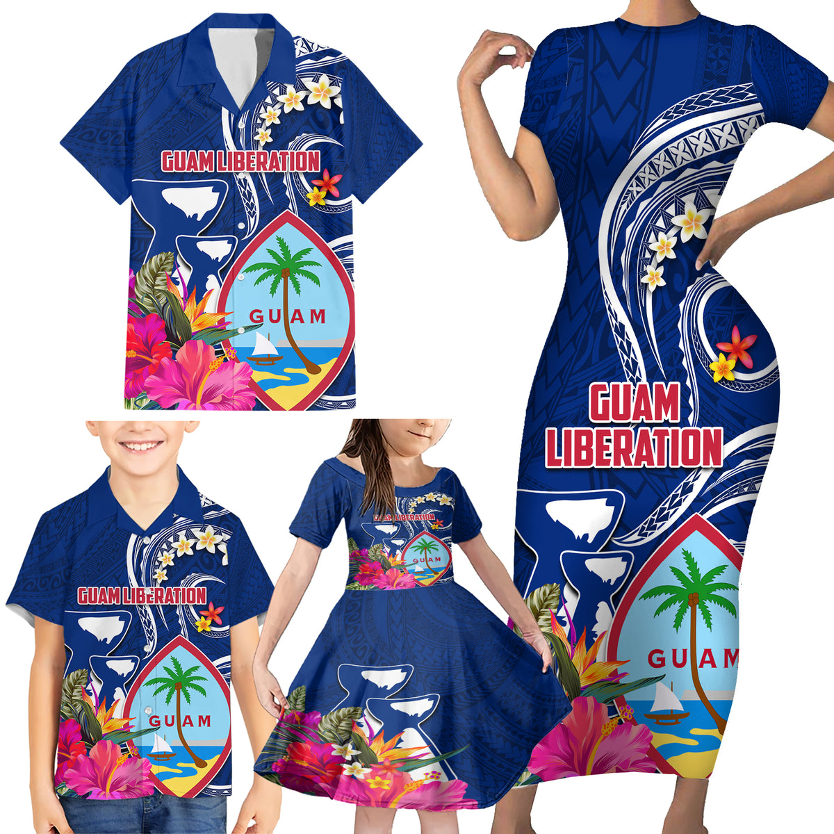 Personalised Guam Liberation Family Matching Short Sleeve Bodycon Dress and Hawaiian Shirt Latte Stone and Guahan Seal Jungle Flower LT03 - Polynesian Pride