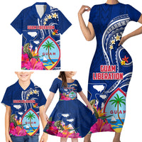 Personalised Guam Liberation Family Matching Short Sleeve Bodycon Dress and Hawaiian Shirt Latte Stone and Guahan Seal Jungle Flower LT03 - Polynesian Pride