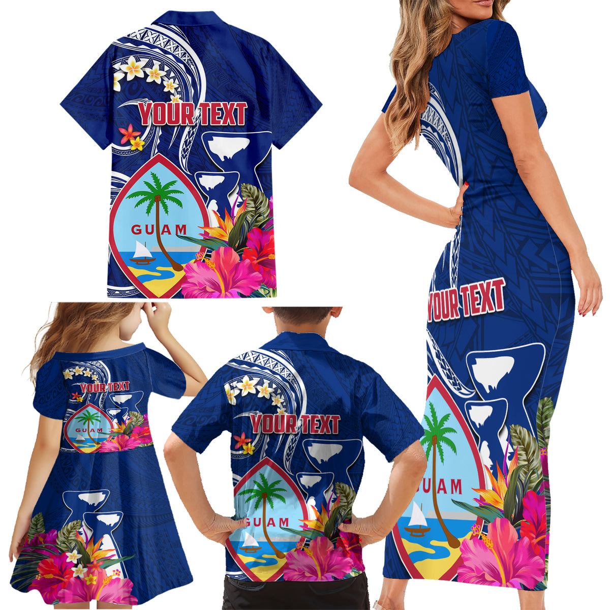 Personalised Guam Liberation Family Matching Short Sleeve Bodycon Dress and Hawaiian Shirt Latte Stone and Guahan Seal Jungle Flower LT03 - Polynesian Pride