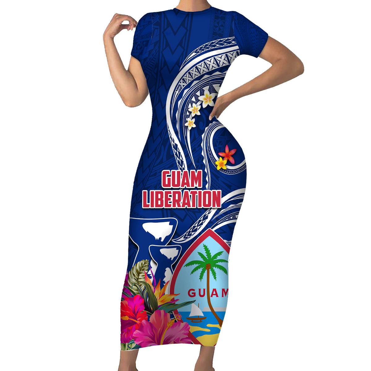 Personalised Guam Liberation Family Matching Short Sleeve Bodycon Dress and Hawaiian Shirt Latte Stone and Guahan Seal Jungle Flower LT03 Mom's Dress Blue - Polynesian Pride