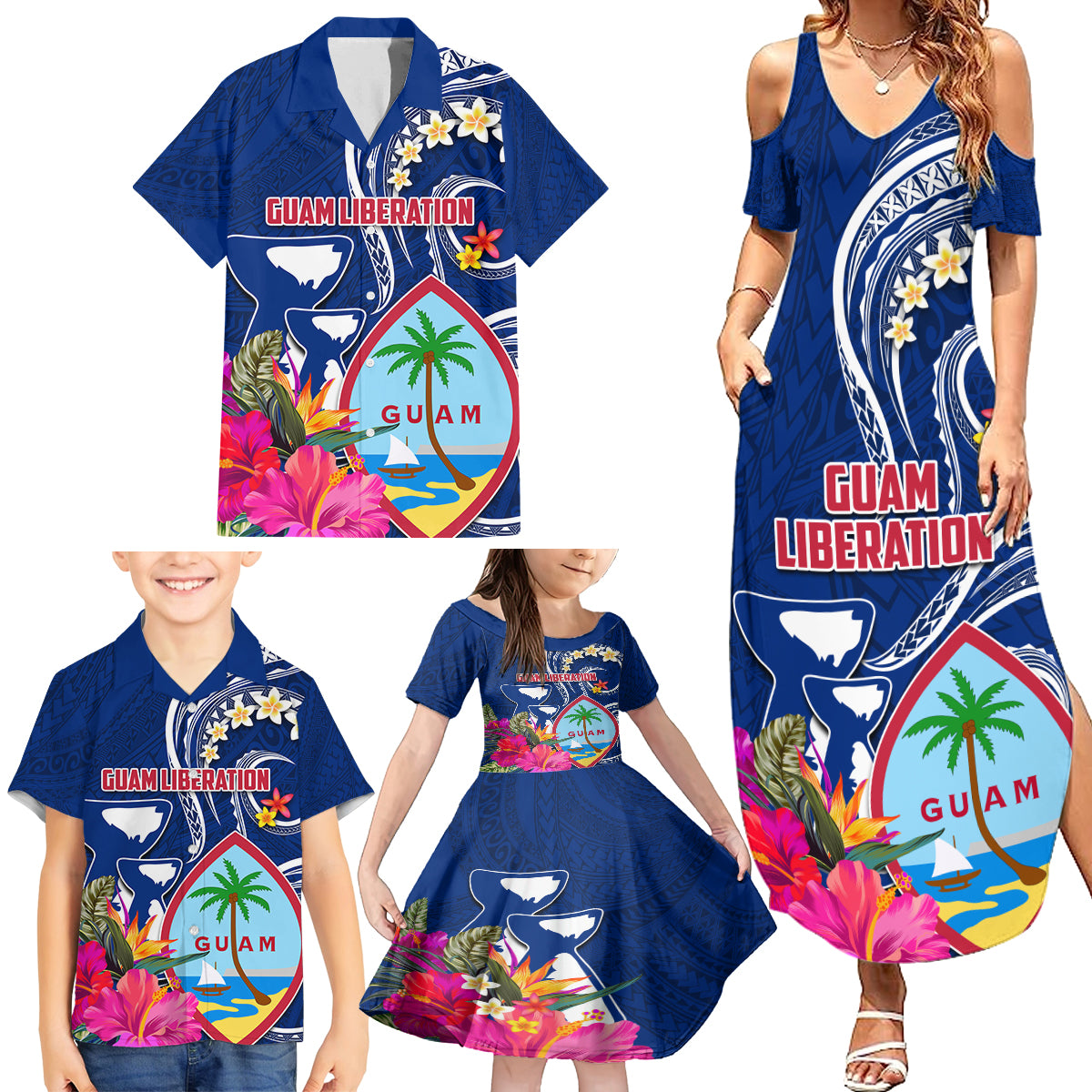 Personalised Guam Liberation Family Matching Summer Maxi Dress and Hawaiian Shirt Latte Stone and Guahan Seal Jungle Flower LT03 - Polynesian Pride