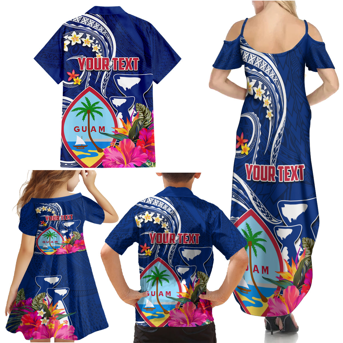 Personalised Guam Liberation Family Matching Summer Maxi Dress and Hawaiian Shirt Latte Stone and Guahan Seal Jungle Flower LT03 - Polynesian Pride