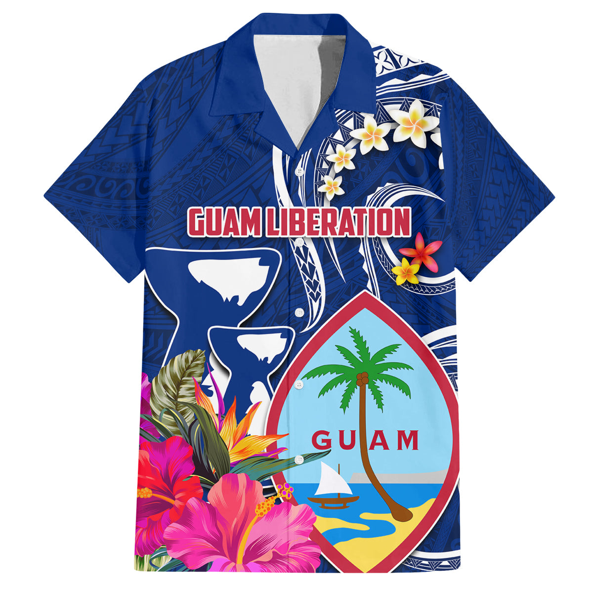 Personalised Guam Liberation Family Matching Summer Maxi Dress and Hawaiian Shirt Latte Stone and Guahan Seal Jungle Flower LT03 Dad's Shirt - Short Sleeve Blue - Polynesian Pride