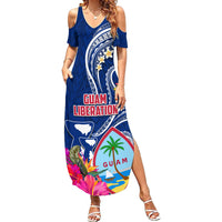 Personalised Guam Liberation Family Matching Summer Maxi Dress and Hawaiian Shirt Latte Stone and Guahan Seal Jungle Flower LT03 Mom's Dress Blue - Polynesian Pride
