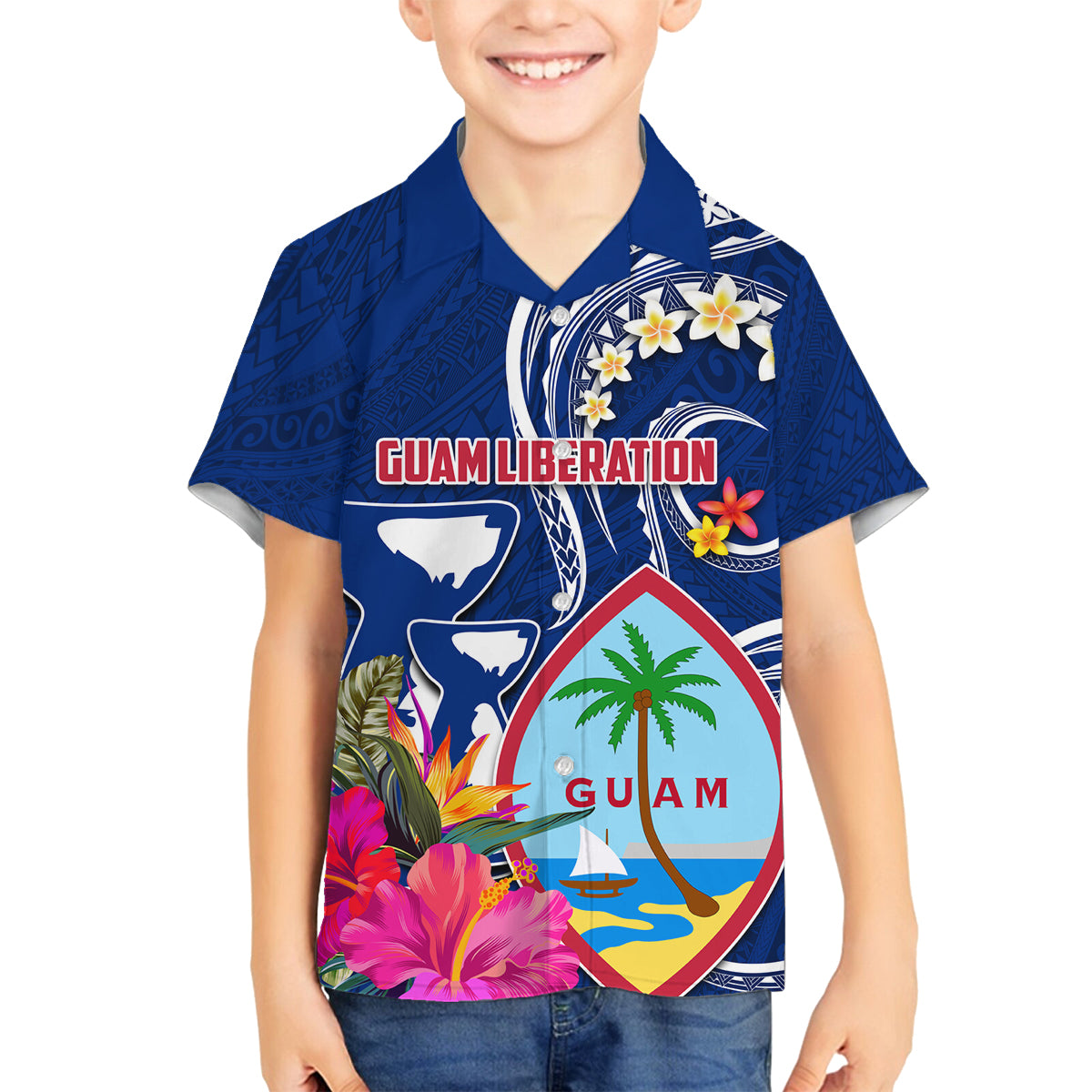 Personalised Guam Liberation Family Matching Summer Maxi Dress and Hawaiian Shirt Latte Stone and Guahan Seal Jungle Flower LT03 Son's Shirt Blue - Polynesian Pride