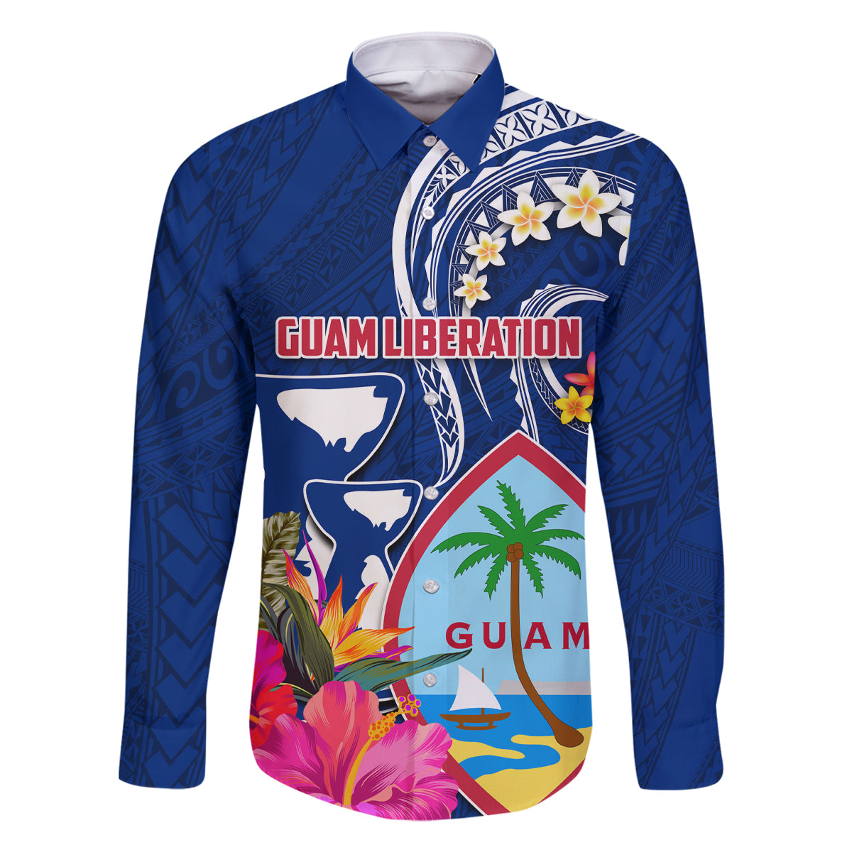 Personalised Guam Liberation Family Matching Tank Maxi Dress and Hawaiian Shirt Latte Stone and Guahan Seal Jungle Flower LT03 Dad's Shirt - Long Sleeve Blue - Polynesian Pride