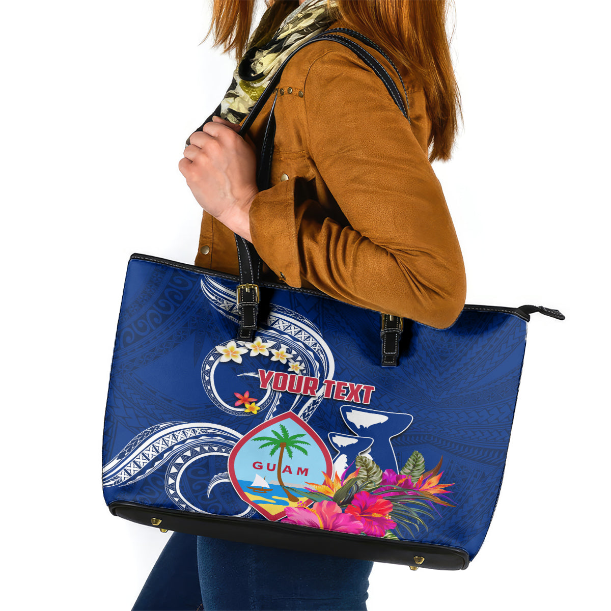 Personalised Guam Liberation Leather Tote Bag Latte Stone and Guahan Seal Jungle Flower LT03 Blue - Polynesian Pride