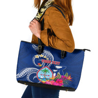 Personalised Guam Liberation Leather Tote Bag Latte Stone and Guahan Seal Jungle Flower LT03 Blue - Polynesian Pride