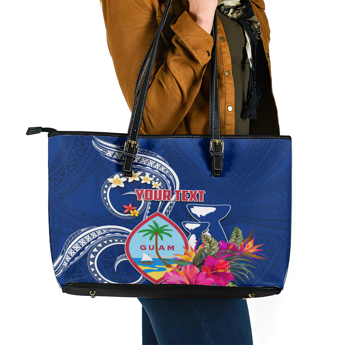 Personalised Guam Liberation Leather Tote Bag Latte Stone and Guahan Seal Jungle Flower LT03 - Polynesian Pride