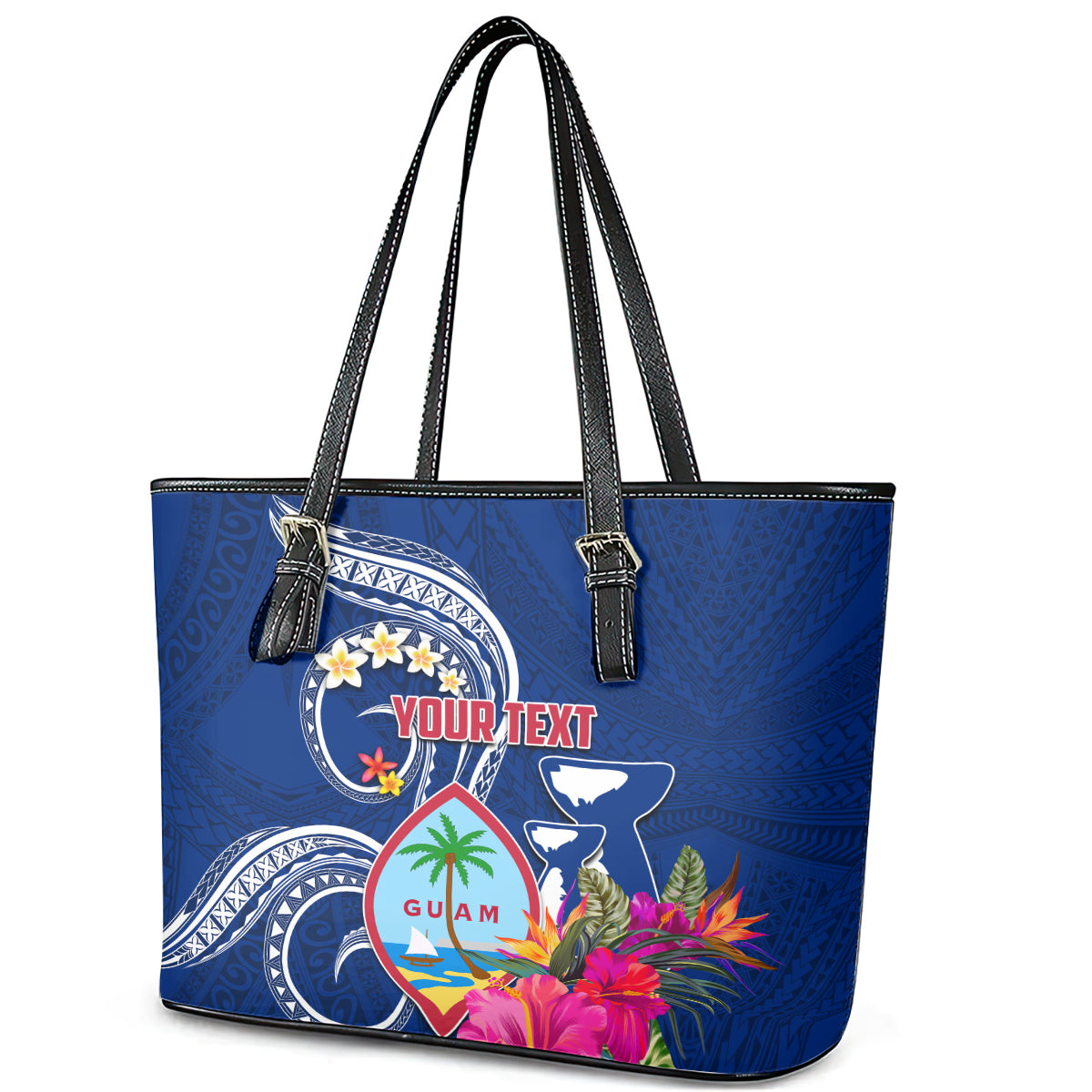 Personalised Guam Liberation Leather Tote Bag Latte Stone and Guahan Seal Jungle Flower LT03 - Polynesian Pride