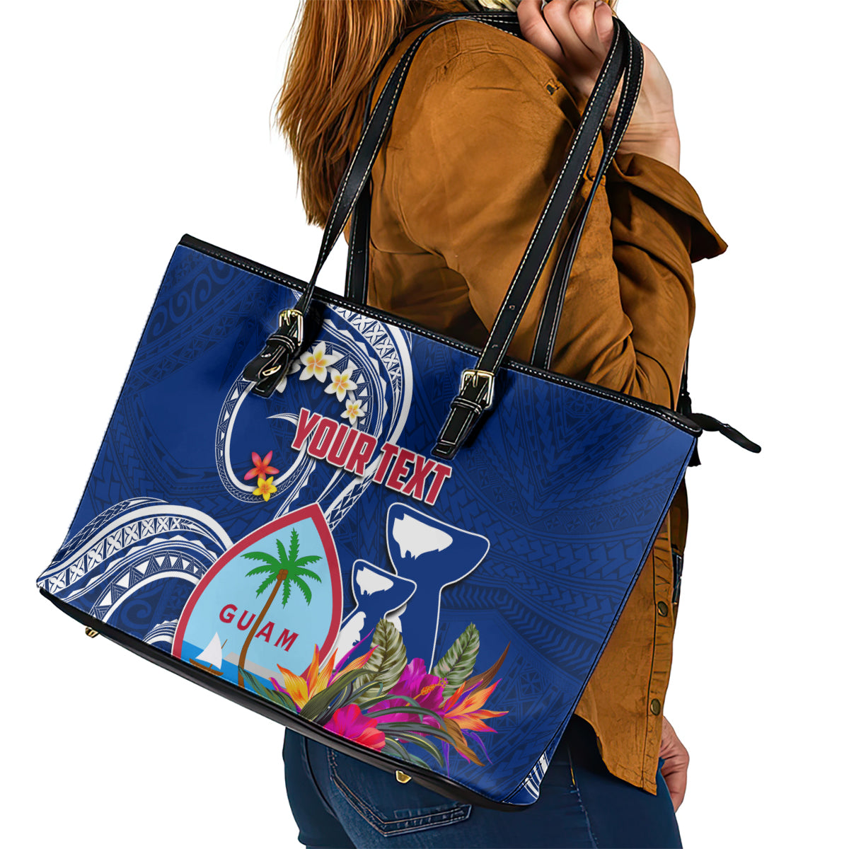 Personalised Guam Liberation Leather Tote Bag Latte Stone and Guahan Seal Jungle Flower LT03 - Polynesian Pride