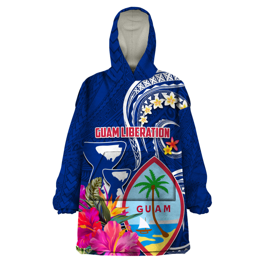 Personalised Guam Liberation Wearable Blanket Hoodie Latte Stone and Guahan Seal Jungle Flower LT03 One Size Blue - Polynesian Pride