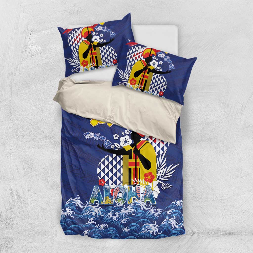 Hawaii King Kamehameha Day Bedding Set Lei Sea Waves Polynesian Tapa Pattern LT03 US Twin 172cm x 218cm Blue - Polynesian Pride