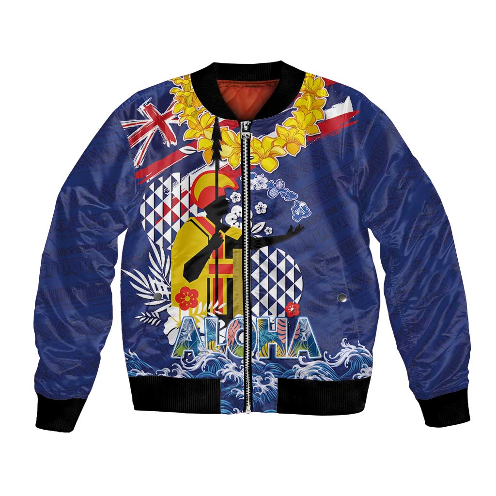 Hawaii King Kamehameha Day Bomber Jacket Lei Sea Waves Polynesian Tapa Pattern
