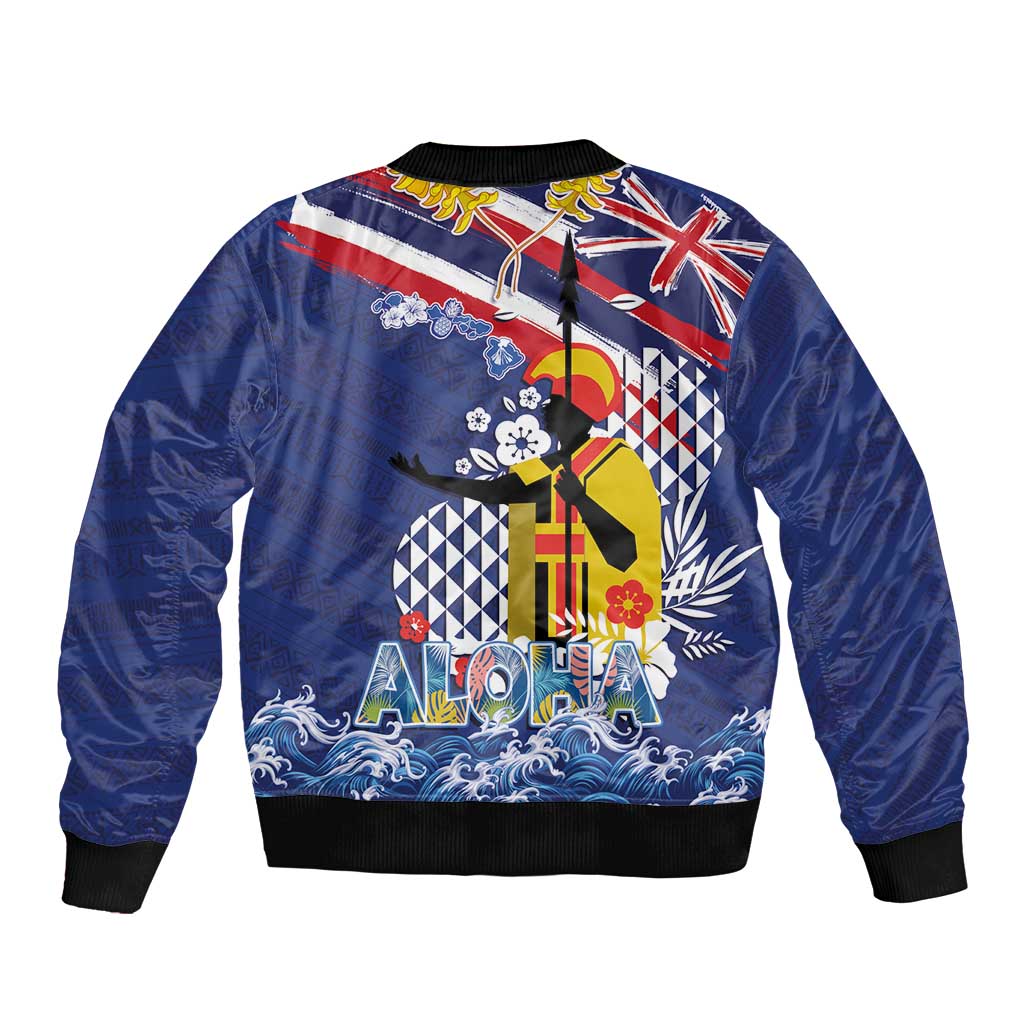Hawaii King Kamehameha Day Bomber Jacket Lei Sea Waves Polynesian Tapa Pattern
