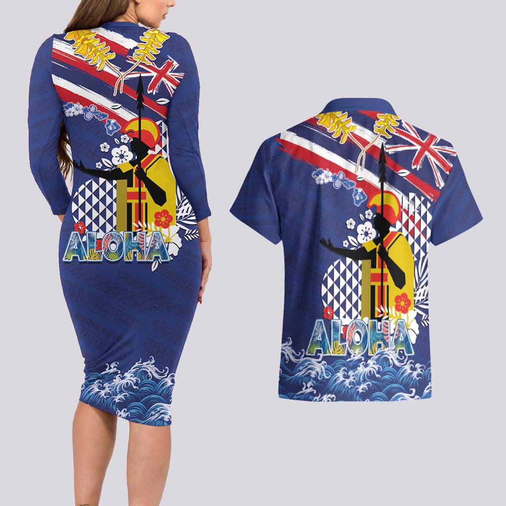 Hawaii King Kamehameha Day Couples Matching Long Sleeve Bodycon Dress and Hawaiian Shirt Lei Sea Waves Polynesian Tapa Pattern LT03 - Polynesian Pride