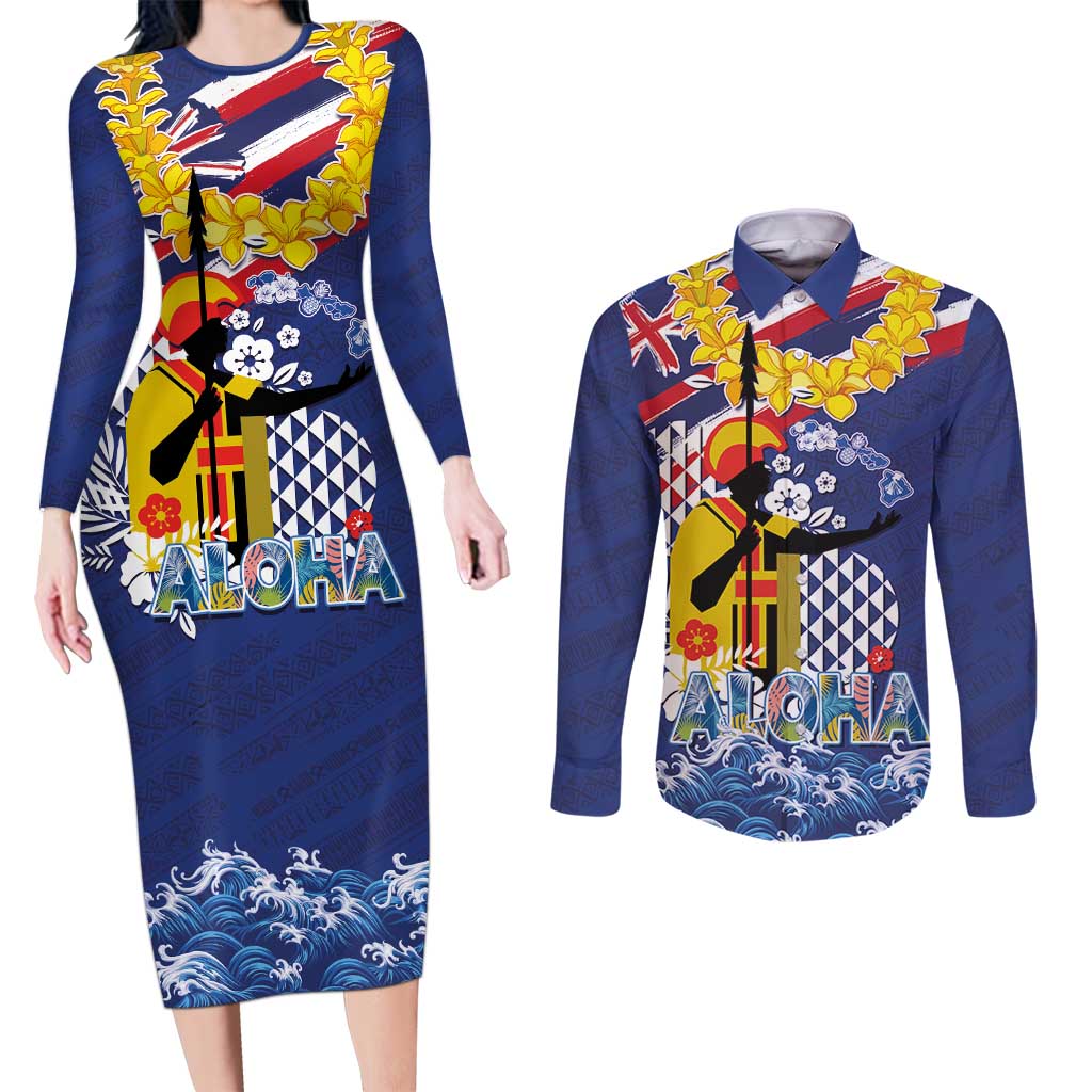 Hawaii King Kamehameha Day Couples Matching Long Sleeve Bodycon Dress and Long Sleeve Button Shirt Lei Sea Waves Polynesian Tapa Pattern LT03 Blue - Polynesian Pride