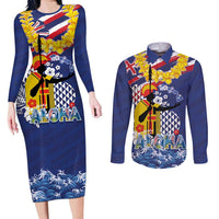 Hawaii King Kamehameha Day Couples Matching Long Sleeve Bodycon Dress and Long Sleeve Button Shirt Lei Sea Waves Polynesian Tapa Pattern LT03 Blue - Polynesian Pride