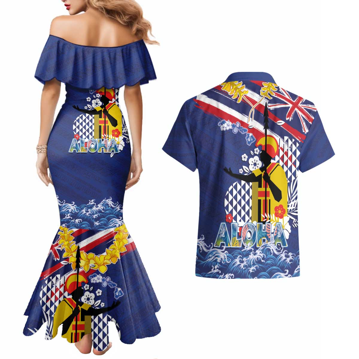 Hawaii King Kamehameha Day Couples Matching Mermaid Dress and Hawaiian Shirt Lei Sea Waves Polynesian Tapa Pattern LT03 - Polynesian Pride