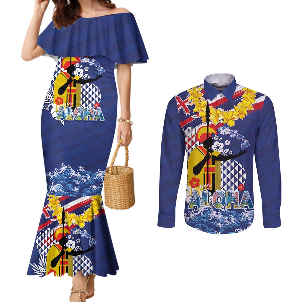 Hawaii King Kamehameha Day Couples Matching Mermaid Dress and Long Sleeve Button Shirt Lei Sea Waves Polynesian Tapa Pattern LT03 Blue - Polynesian Pride
