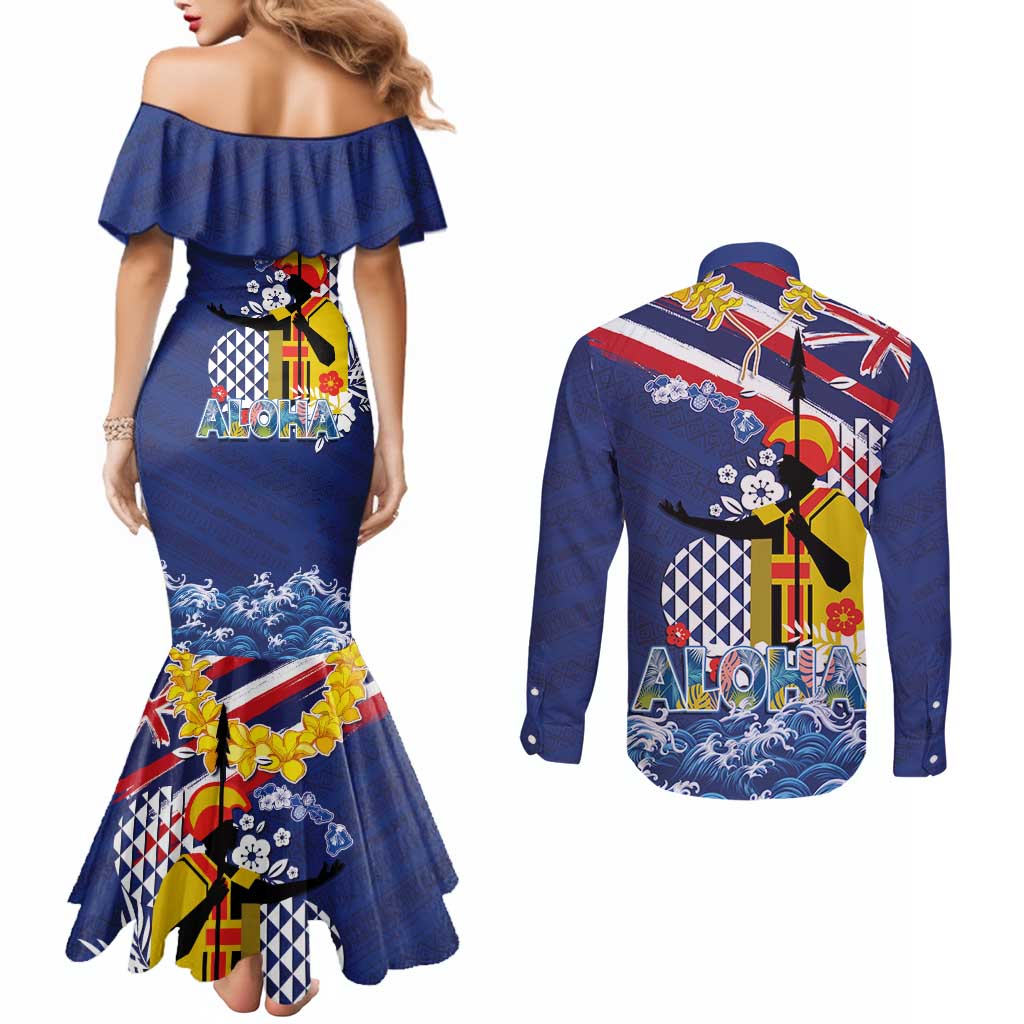 Hawaii King Kamehameha Day Couples Matching Mermaid Dress and Long Sleeve Button Shirt Lei Sea Waves Polynesian Tapa Pattern LT03 - Polynesian Pride