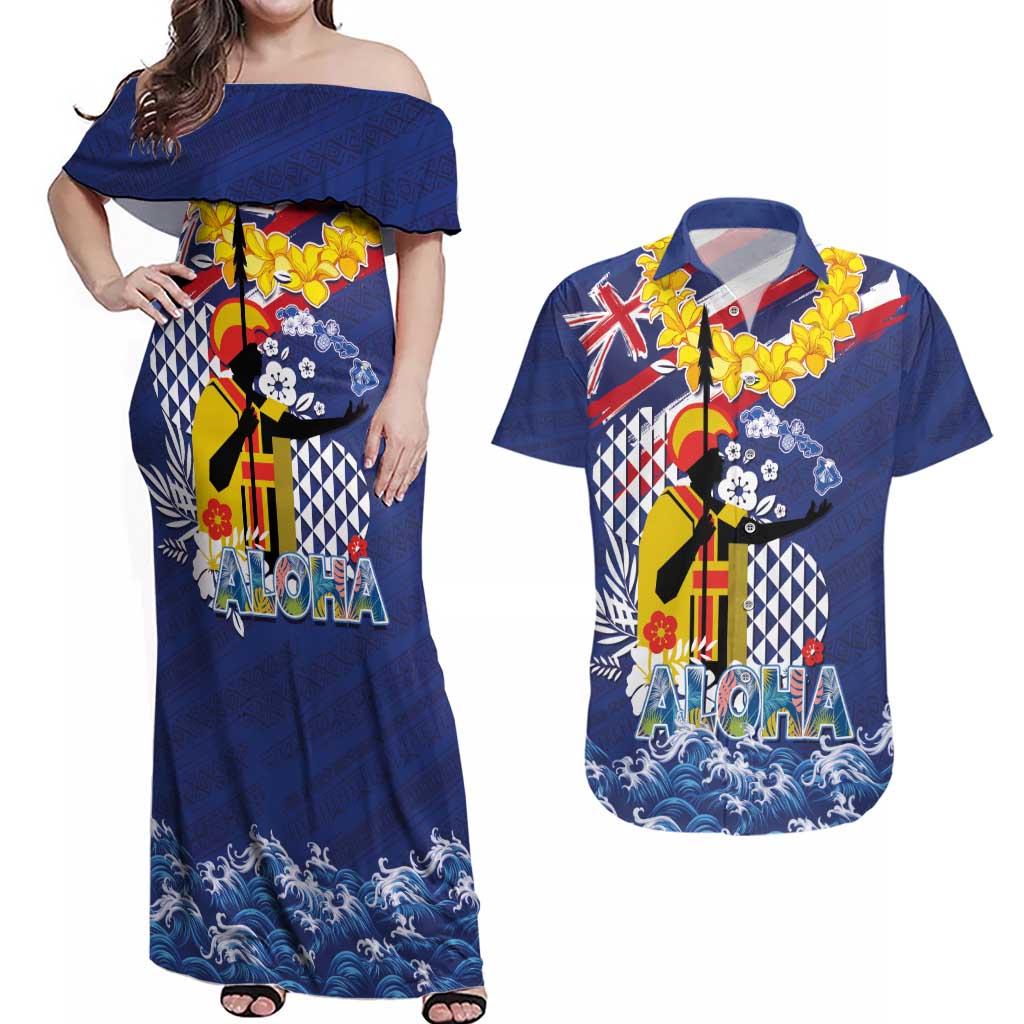 Hawaii King Kamehameha Day Couples Matching Off Shoulder Maxi Dress and Hawaiian Shirt Lei Sea Waves Polynesian Tapa Pattern LT03 Blue - Polynesian Pride