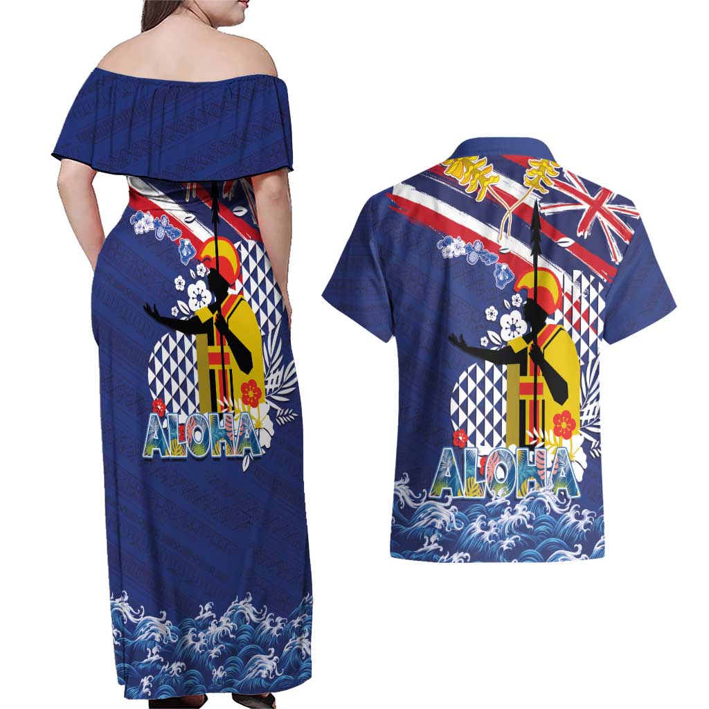 Hawaii King Kamehameha Day Couples Matching Off Shoulder Maxi Dress and Hawaiian Shirt Lei Sea Waves Polynesian Tapa Pattern LT03 - Polynesian Pride