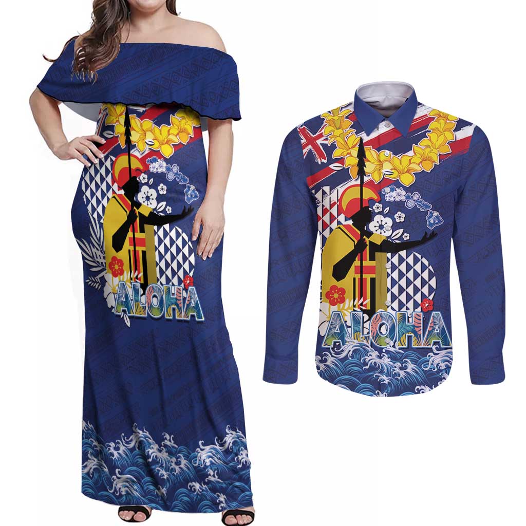 Hawaii King Kamehameha Day Couples Matching Off Shoulder Maxi Dress and Long Sleeve Button Shirt Lei Sea Waves Polynesian Tapa Pattern LT03 Blue - Polynesian Pride