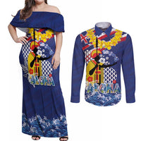 Hawaii King Kamehameha Day Couples Matching Off Shoulder Maxi Dress and Long Sleeve Button Shirt Lei Sea Waves Polynesian Tapa Pattern LT03 Blue - Polynesian Pride