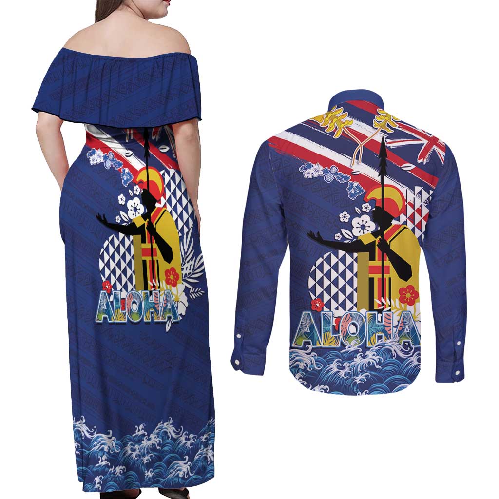 Hawaii King Kamehameha Day Couples Matching Off Shoulder Maxi Dress and Long Sleeve Button Shirt Lei Sea Waves Polynesian Tapa Pattern LT03 - Polynesian Pride