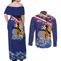 Hawaii King Kamehameha Day Couples Matching Off Shoulder Maxi Dress and Long Sleeve Button Shirt Lei Sea Waves Polynesian Tapa Pattern LT03 - Polynesian Pride