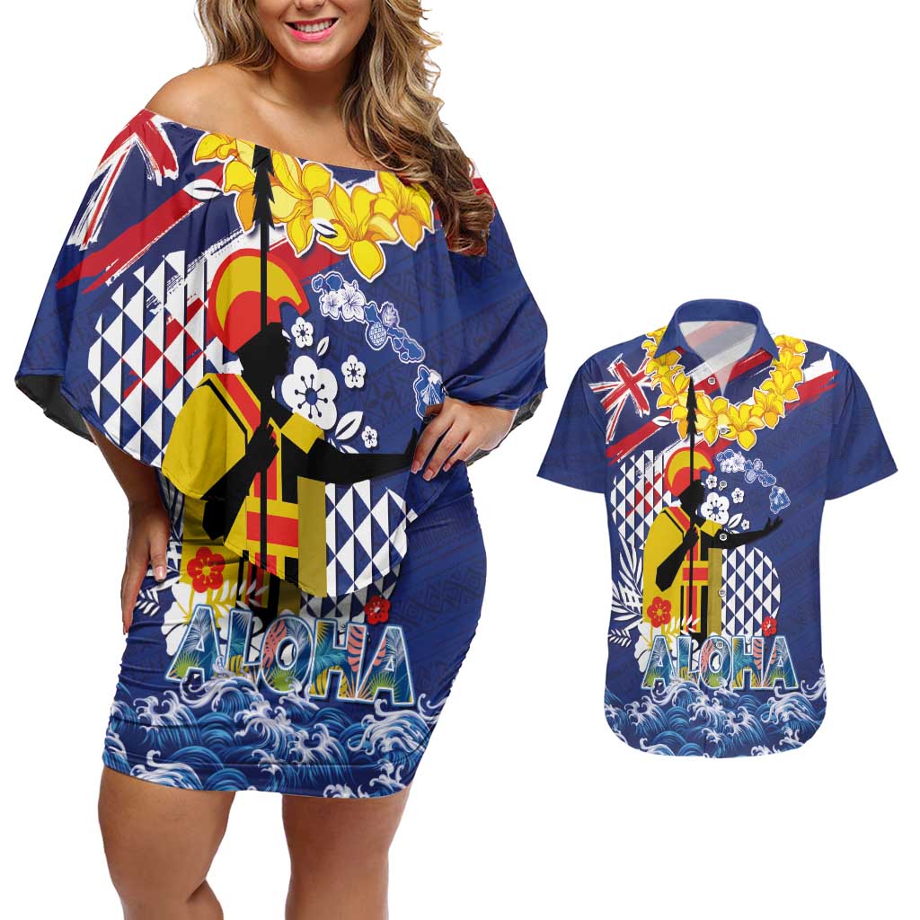 Hawaii King Kamehameha Day Couples Matching Off Shoulder Short Dress and Hawaiian Shirt Lei Sea Waves Polynesian Tapa Pattern LT03 Blue - Polynesian Pride