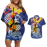 Hawaii King Kamehameha Day Couples Matching Off Shoulder Short Dress and Hawaiian Shirt Lei Sea Waves Polynesian Tapa Pattern LT03 Blue - Polynesian Pride