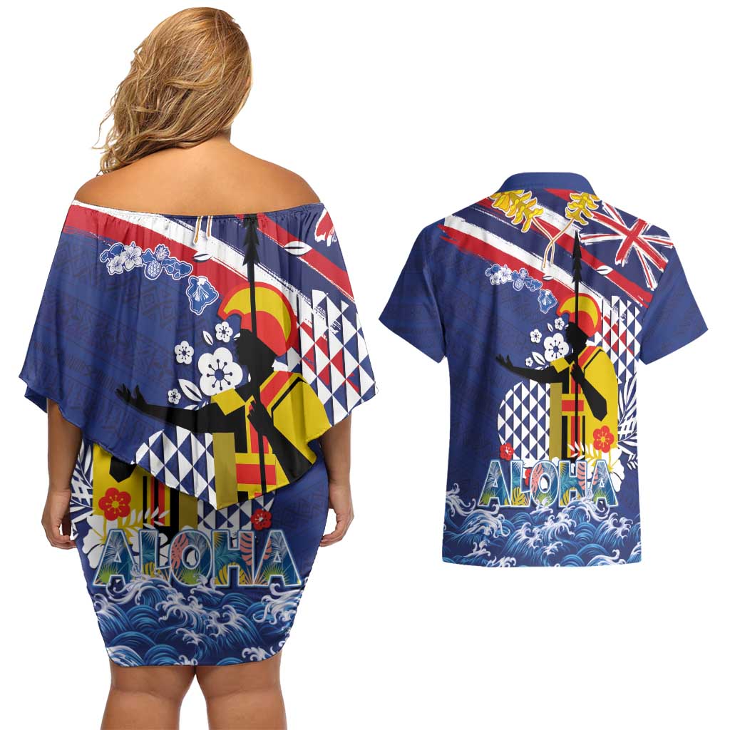Hawaii King Kamehameha Day Couples Matching Off Shoulder Short Dress and Hawaiian Shirt Lei Sea Waves Polynesian Tapa Pattern LT03 - Polynesian Pride