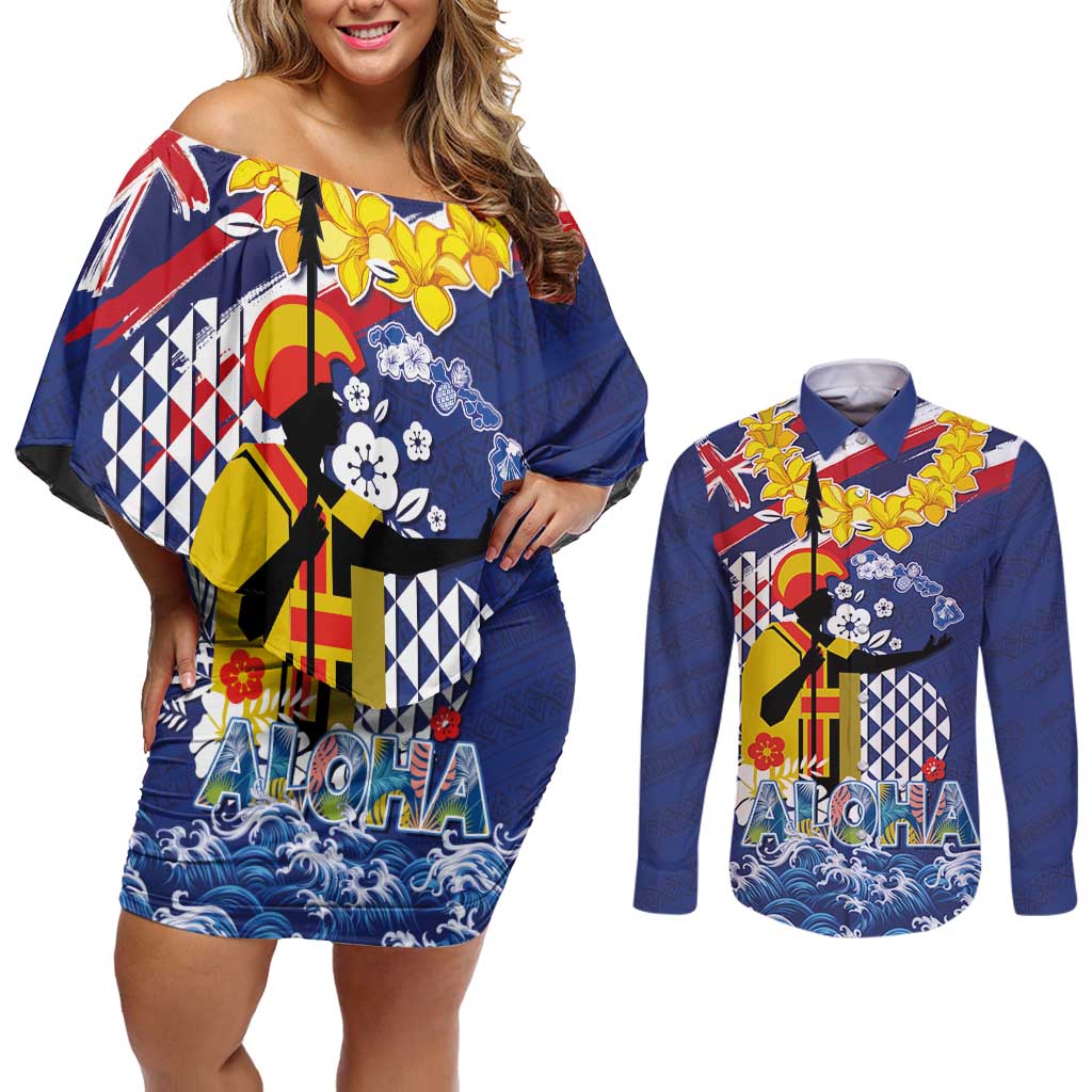 Hawaii King Kamehameha Day Couples Matching Off Shoulder Short Dress and Long Sleeve Button Shirt Lei Sea Waves Polynesian Tapa Pattern LT03 Blue - Polynesian Pride