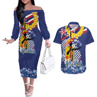 Hawaii King Kamehameha Day Couples Matching Off The Shoulder Long Sleeve Dress and Hawaiian Shirt Lei Sea Waves Polynesian Tapa Pattern LT03 Blue - Polynesian Pride
