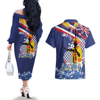 Hawaii King Kamehameha Day Couples Matching Off The Shoulder Long Sleeve Dress and Hawaiian Shirt Lei Sea Waves Polynesian Tapa Pattern LT03 - Polynesian Pride