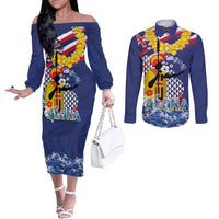 Hawaii King Kamehameha Day Couples Matching Off The Shoulder Long Sleeve Dress and Long Sleeve Button Shirt Lei Sea Waves Polynesian Tapa Pattern LT03 Blue - Polynesian Pride