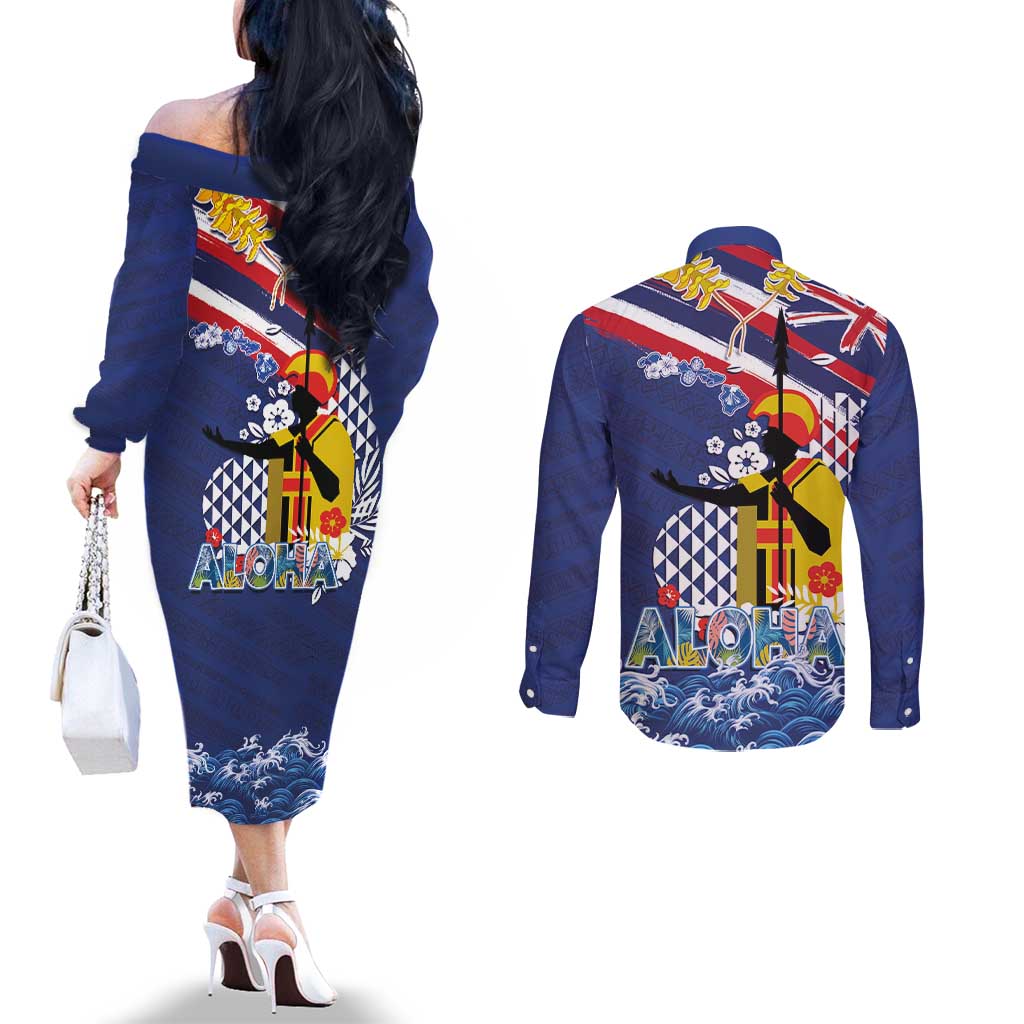 Hawaii King Kamehameha Day Couples Matching Off The Shoulder Long Sleeve Dress and Long Sleeve Button Shirt Lei Sea Waves Polynesian Tapa Pattern LT03 - Polynesian Pride