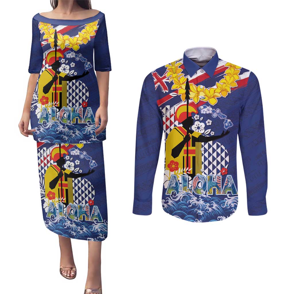 Hawaii King Kamehameha Day Couples Matching Puletasi and Long Sleeve Button Shirt Lei Sea Waves Polynesian Tapa Pattern