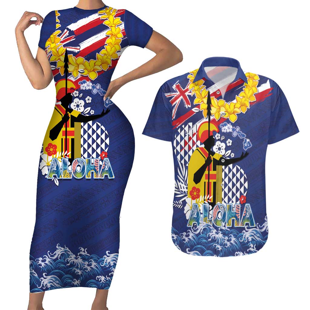 Hawaii King Kamehameha Day Couples Matching Short Sleeve Bodycon Dress and Hawaiian Shirt Lei Sea Waves Polynesian Tapa Pattern LT03 Blue - Polynesian Pride