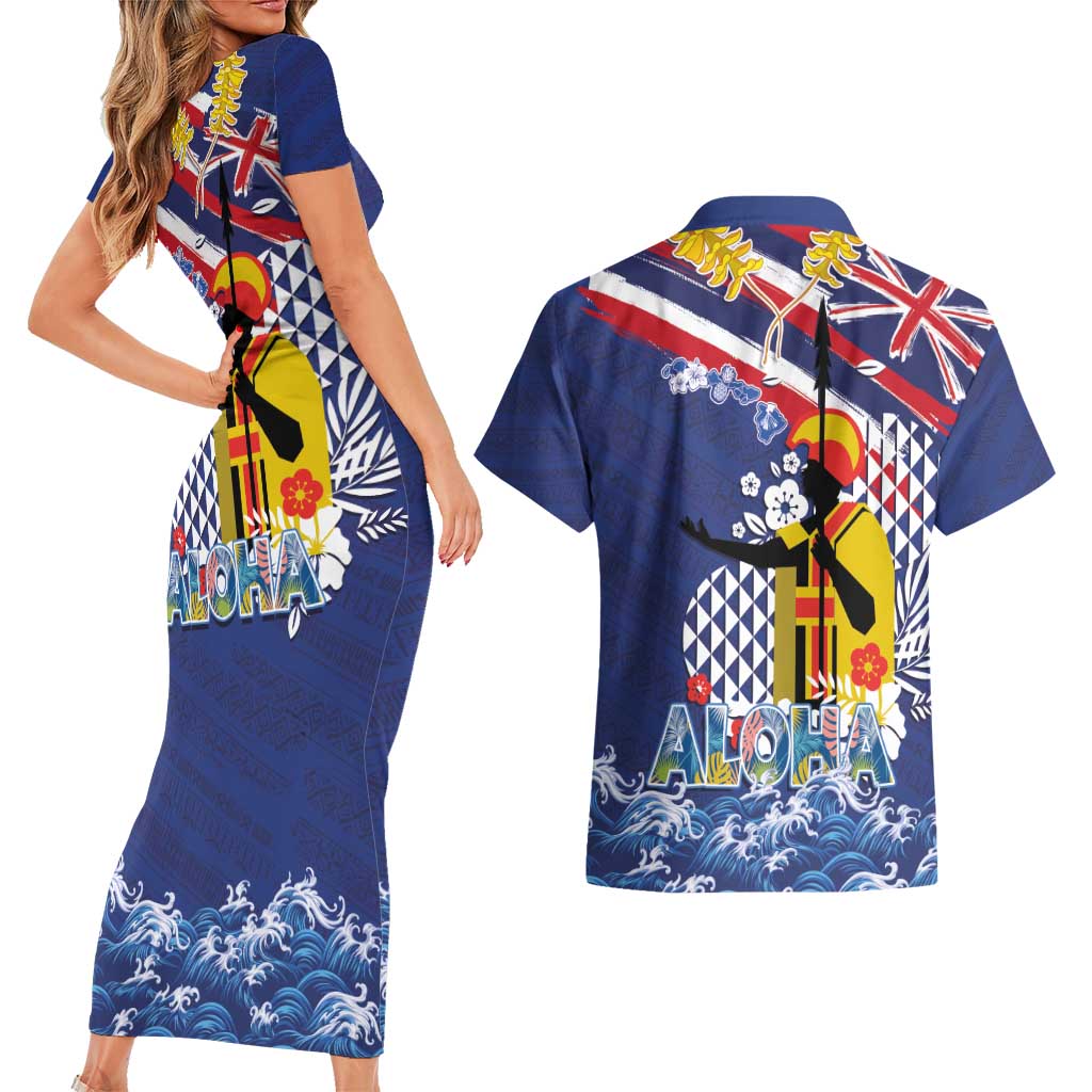Hawaii King Kamehameha Day Couples Matching Short Sleeve Bodycon Dress and Hawaiian Shirt Lei Sea Waves Polynesian Tapa Pattern LT03 - Polynesian Pride