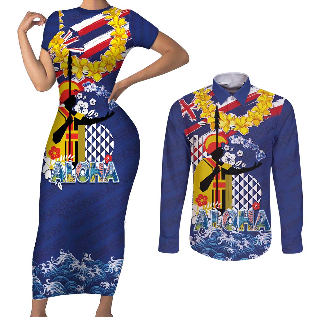 Hawaii King Kamehameha Day Couples Matching Short Sleeve Bodycon Dress and Long Sleeve Button Shirt Lei Sea Waves Polynesian Tapa Pattern LT03 Blue - Polynesian Pride