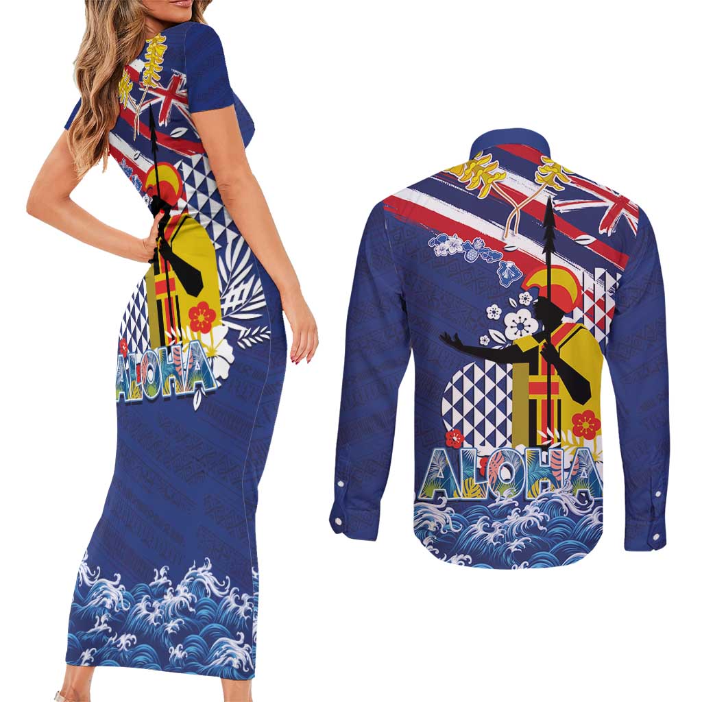 Hawaii King Kamehameha Day Couples Matching Short Sleeve Bodycon Dress and Long Sleeve Button Shirt Lei Sea Waves Polynesian Tapa Pattern LT03 - Polynesian Pride
