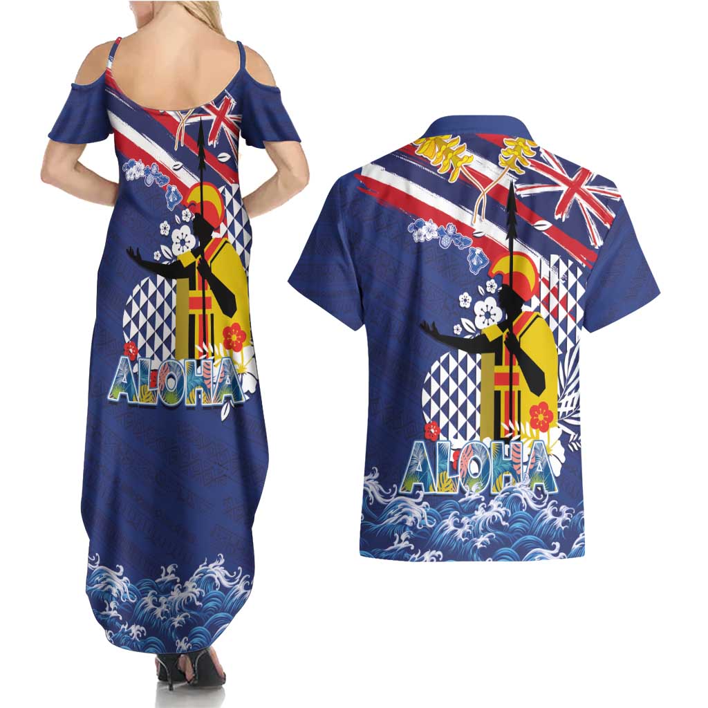 Hawaii King Kamehameha Day Couples Matching Summer Maxi Dress and Hawaiian Shirt Lei Sea Waves Polynesian Tapa Pattern LT03 - Polynesian Pride
