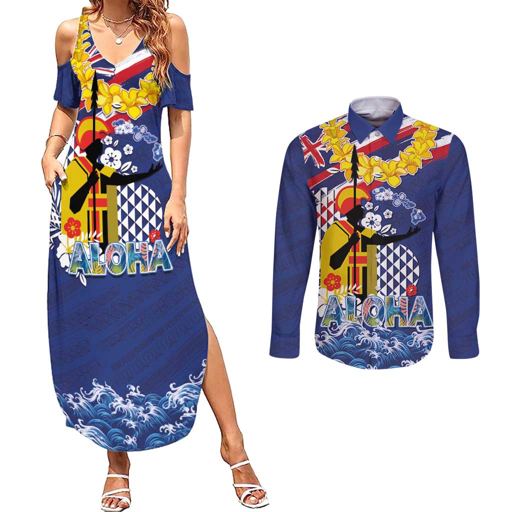 Hawaii King Kamehameha Day Couples Matching Summer Maxi Dress and Long Sleeve Button Shirt Lei Sea Waves Polynesian Tapa Pattern LT03 Blue - Polynesian Pride