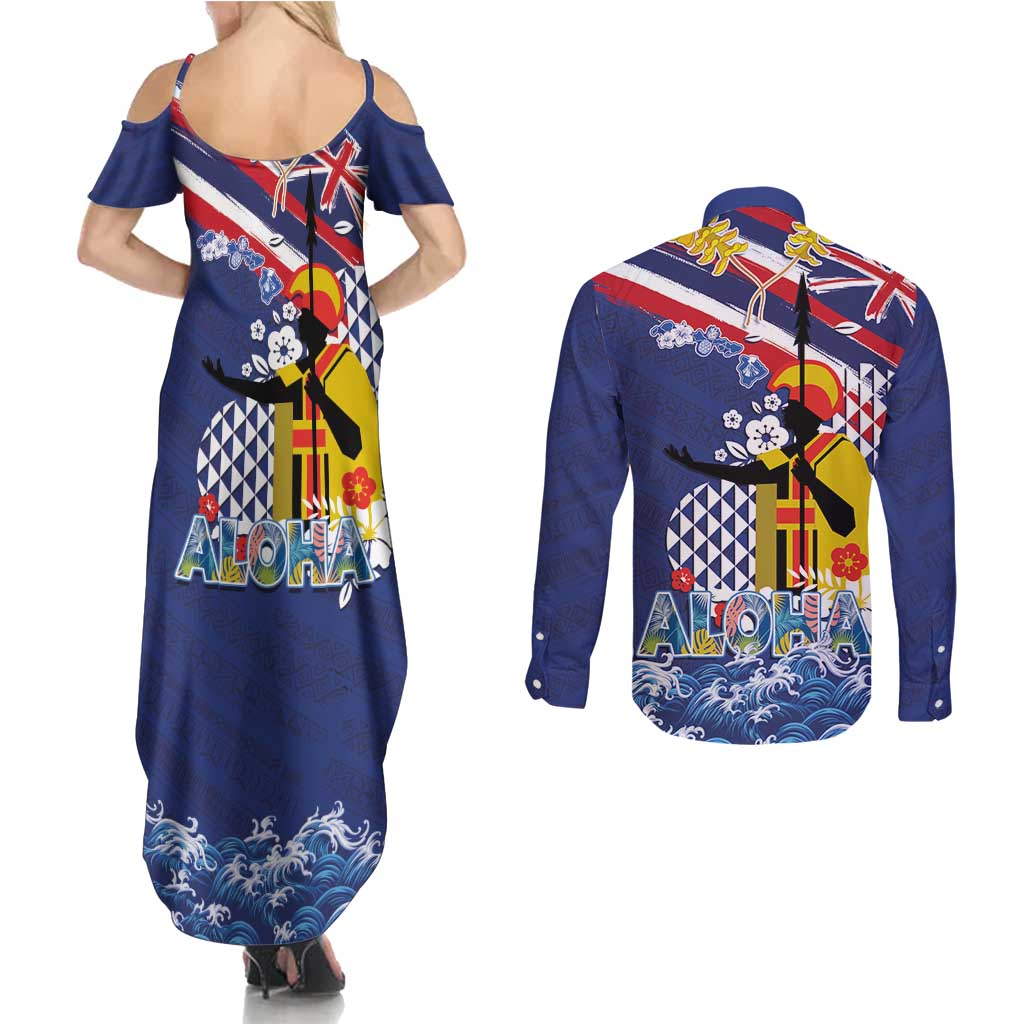 Hawaii King Kamehameha Day Couples Matching Summer Maxi Dress and Long Sleeve Button Shirt Lei Sea Waves Polynesian Tapa Pattern LT03 - Polynesian Pride