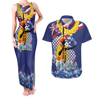Hawaii King Kamehameha Day Couples Matching Tank Maxi Dress and Hawaiian Shirt Lei Sea Waves Polynesian Tapa Pattern LT03 Blue - Polynesian Pride