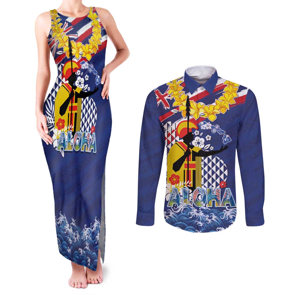 Hawaii King Kamehameha Day Couples Matching Tank Maxi Dress and Long Sleeve Button Shirt Lei Sea Waves Polynesian Tapa Pattern LT03 Blue - Polynesian Pride