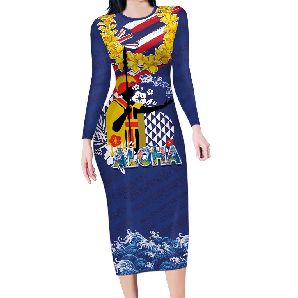 Hawaii King Kamehameha Day Family Matching Long Sleeve Bodycon Dress and Hawaiian Shirt Lei Sea Waves Polynesian Tapa Pattern LT03 Mom's Dress Blue - Polynesian Pride